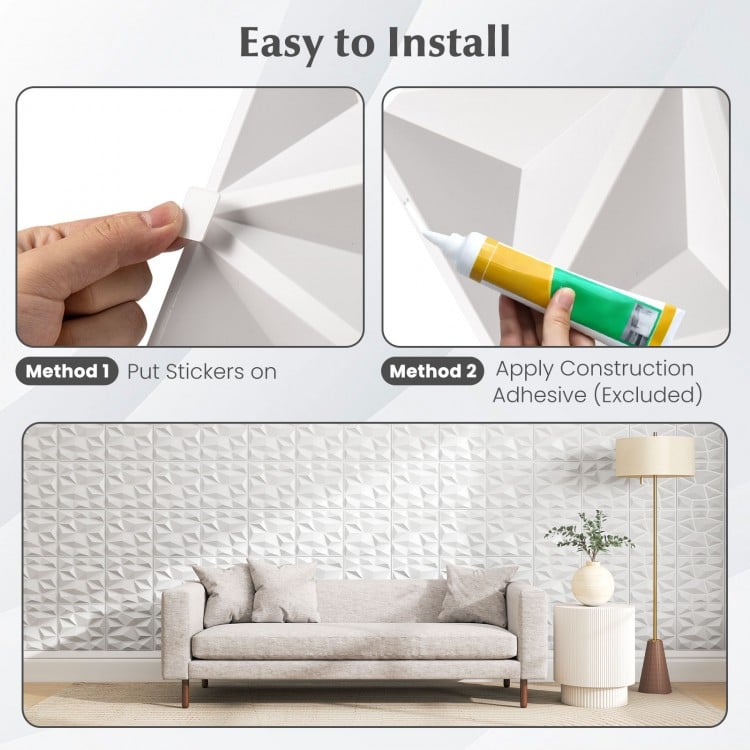100-Pack 3D Wall Panels 12" x 12" PVC Interior Wall Decoration with Diamond Accent-White