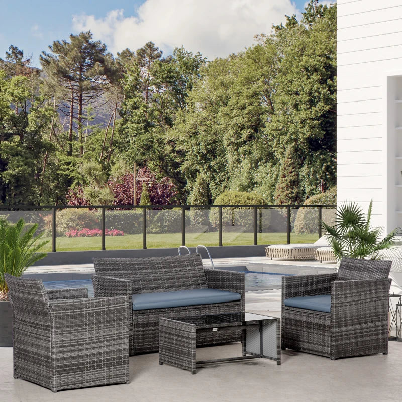 4 Pieces Patio Furniture Set with Cushions, Outdoor PE Rattan Wicker Conversation Garden Sofa Set with 2-Seater Chairs & Glass Coffee Table, Grey