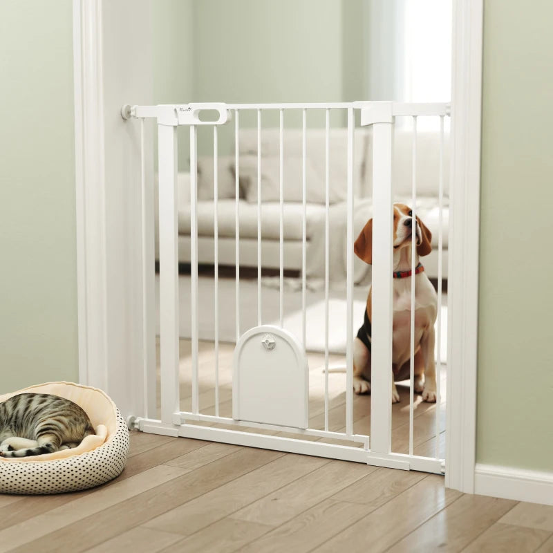 30"-41" Extra Wide Pet Gate Barrier with Small Door, 35"H Dog Gate with Safety Gate Barrier, Stair Pressure Fit, White