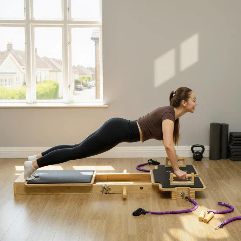 Soozier Foldable Pilates Reformer Machine, Multifunctional Pilates Board with Resistance Bands and Multi-Grips for Home Gym
