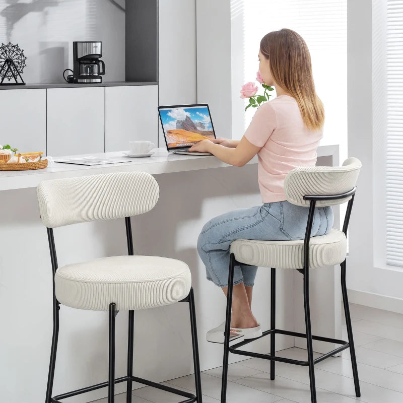 Set of 2 Barstools, Upholstered Corduroy Bar Stools with Backrest, Footrest for Kitchen Island, Dining Room, Cream White