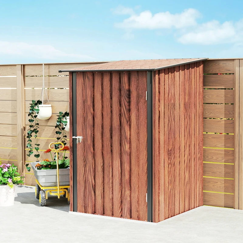 3.3' x 3.4' Lean-to Garden Storage Shed, Outdoor Galvanized Steel Tool House with Lockable Door for Patio, Teak