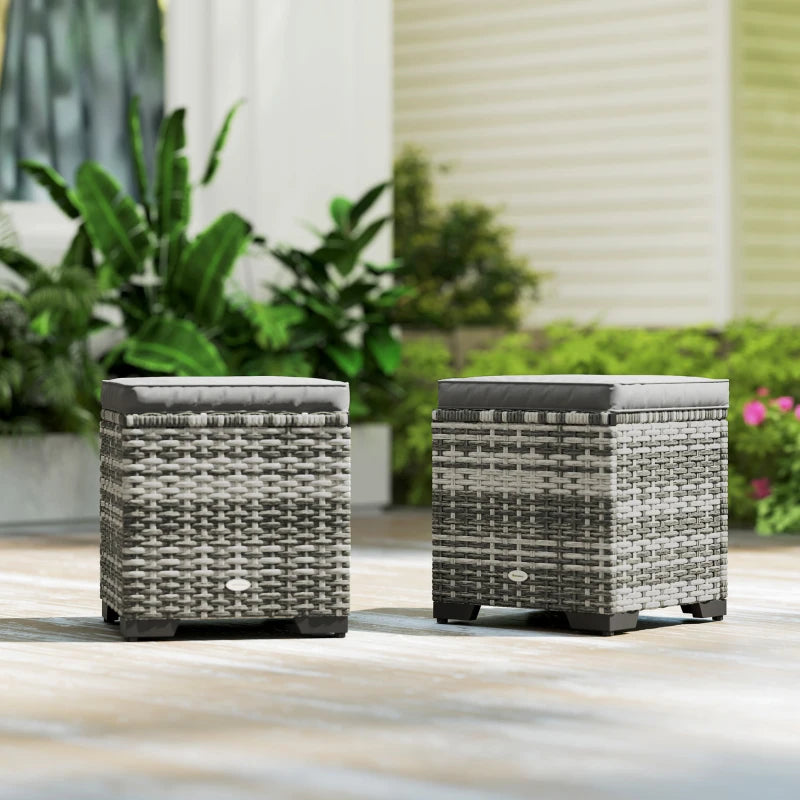 Set of 2 Wicker Ottoman, Outdoor Footstool with Storage & Removable Cushions for Poolside, Patio, Deck, Grey