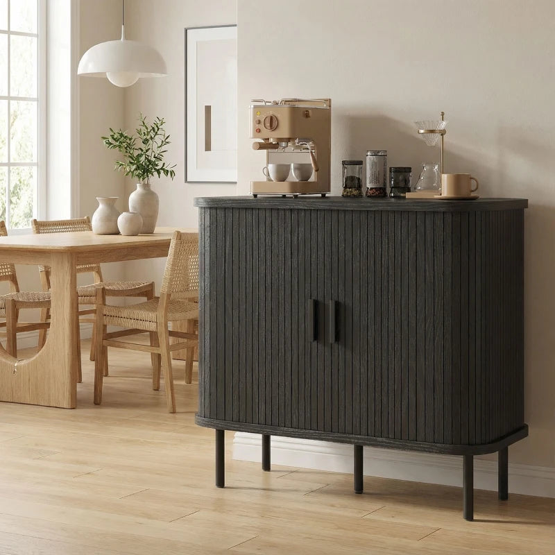 35.4" Sideboard Buffet Cabinet with Storage, Nordic Coffee Bar Cabinet with Slatted Tambour Doors and Metal Legs, Black