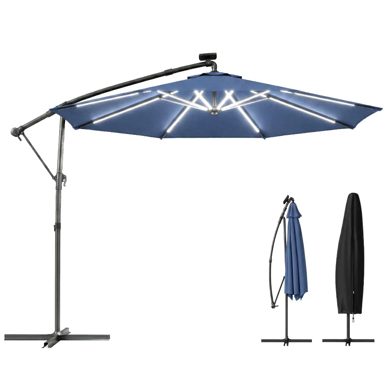 10 ft Offset Patio Umbrella with Solar Light, Garden Hanging Parasol with 360° Rotation, Tilt, Cover, Navy Blue