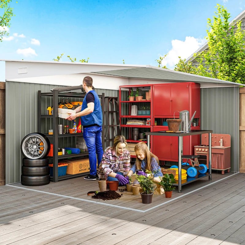 11' x 9' Steel Garden Storage Shed, Outdoor Metal Tool House with Double Sliding Doors, Dark Grey