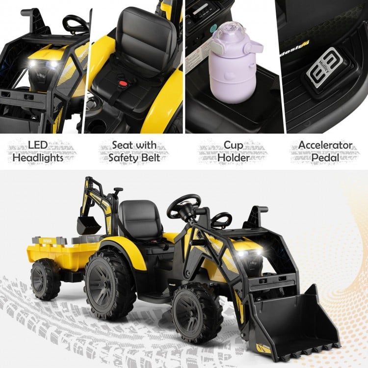 12V 3 in 1 Kids Ride On Excavator with Shovel Bucket and Music-Yellow