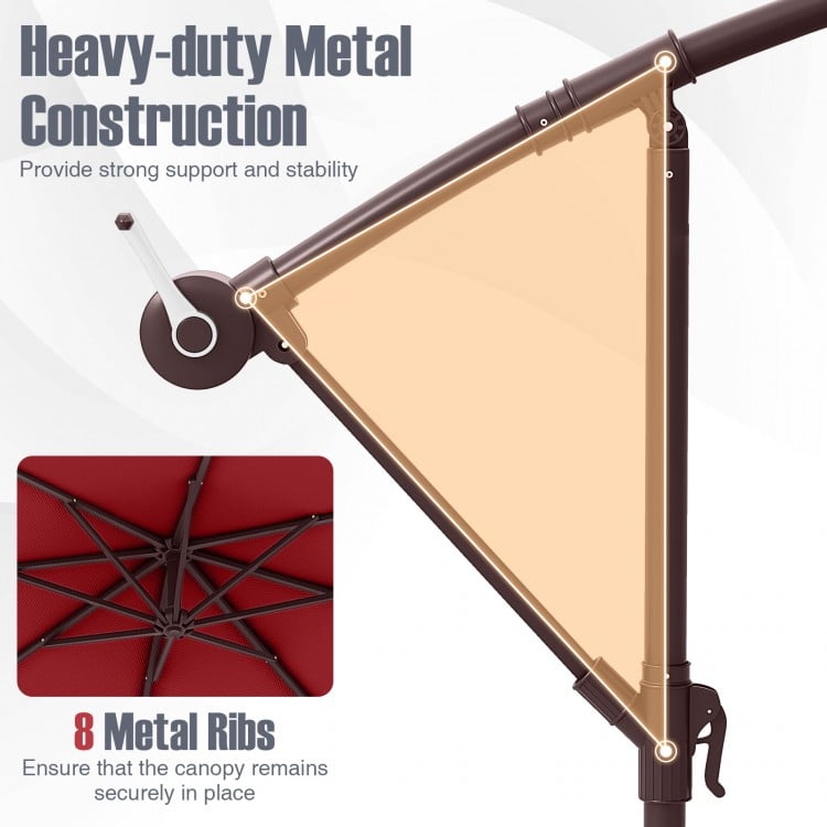 10 Ft Patio Umbrella Offset Cantilever Umbrella with 40 Solar Powered Lights-Red