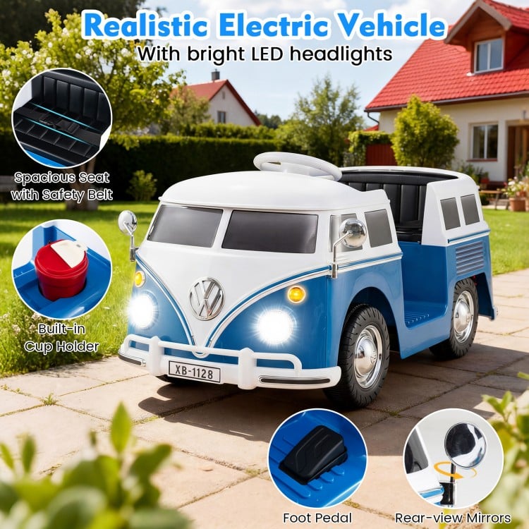 12V Ride On Car Licensed Volkswagen Ride-on Bus with Cup Holder and LED Headlights for 3+ Years Old-Blue