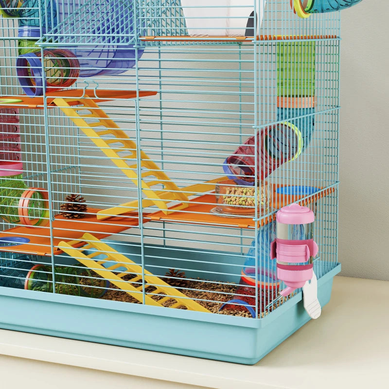18.5" Hamster Cage, 5 Tiers Small Animal House with Tunnel Tube System, Exercise Wheel, Water Bottle, Light Blue