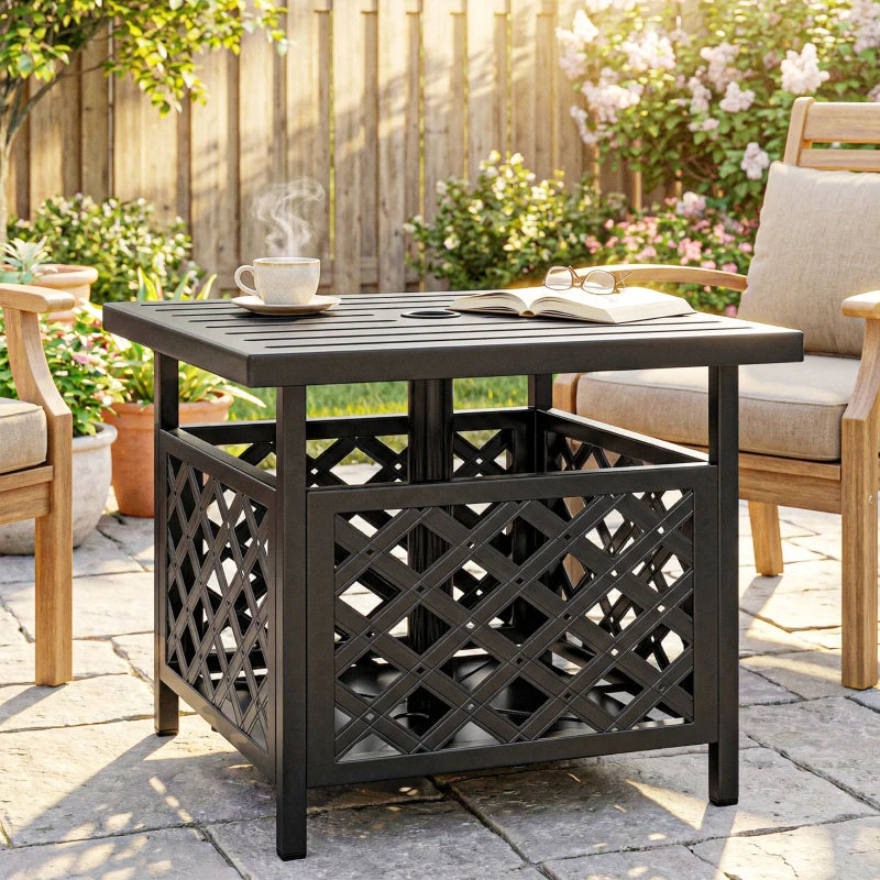 22" Outdoor Coffee Table, Patio Side Table with Umbrella Hole Slatted, Metal Top, for Garden, Backyard, Poolside, Black