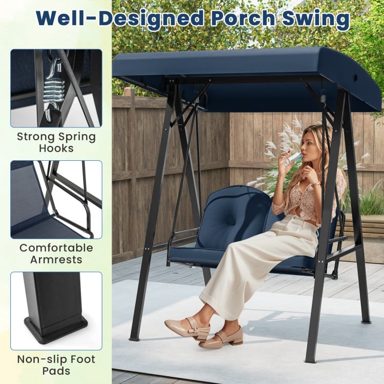2-Person Outdoor Porch Swing with A-Shaped Metal Stand and Adjustable Canopy-Navy