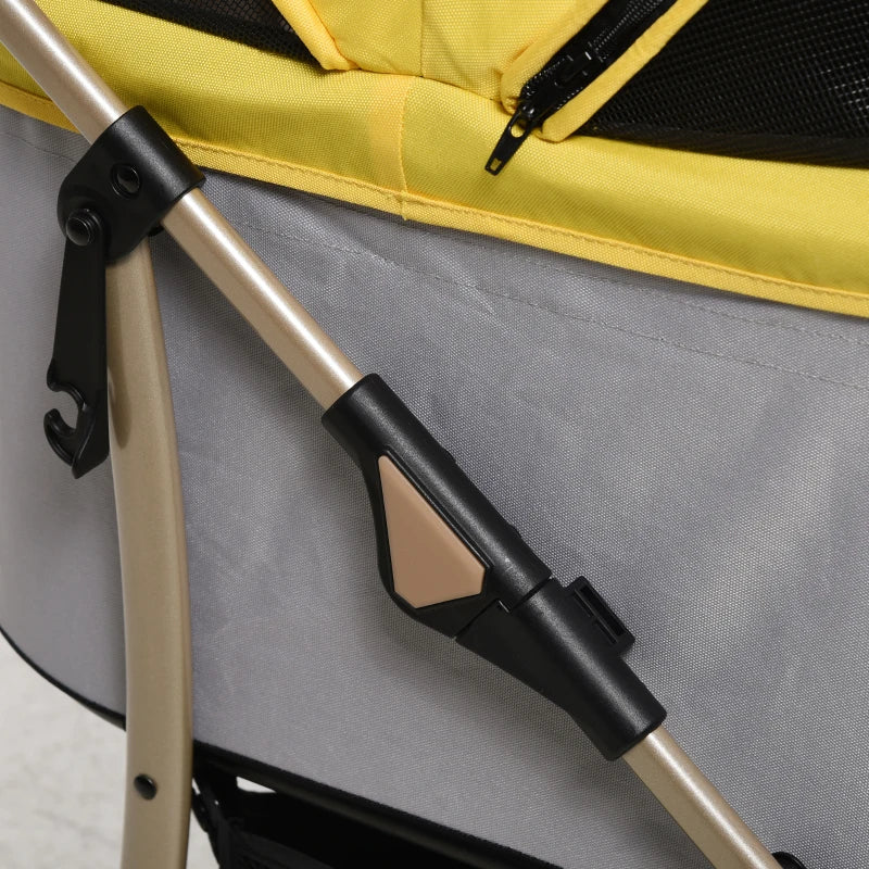4 Wheels Pet Stroller, 3 in 1 Dog Cat Travel Folding Carrier, for Small Dogs, Detachable, w/ Brake, Canopy, Basket, Storage Bag - Yellow