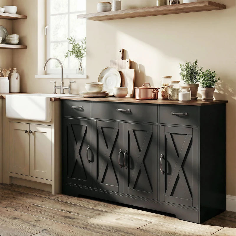 Sideboard Buffet Cabinet, 55" Farmhouse Kitchen Cabinet with 4 Barn Doors, 3 Drawers, 3 Adjustable Shelves, Black
