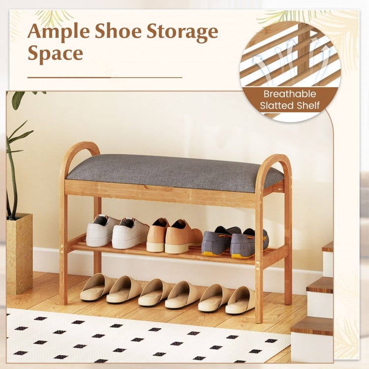 2-Tier Bamboo Shoe Bench with Storage and Padded Cushion-Gray