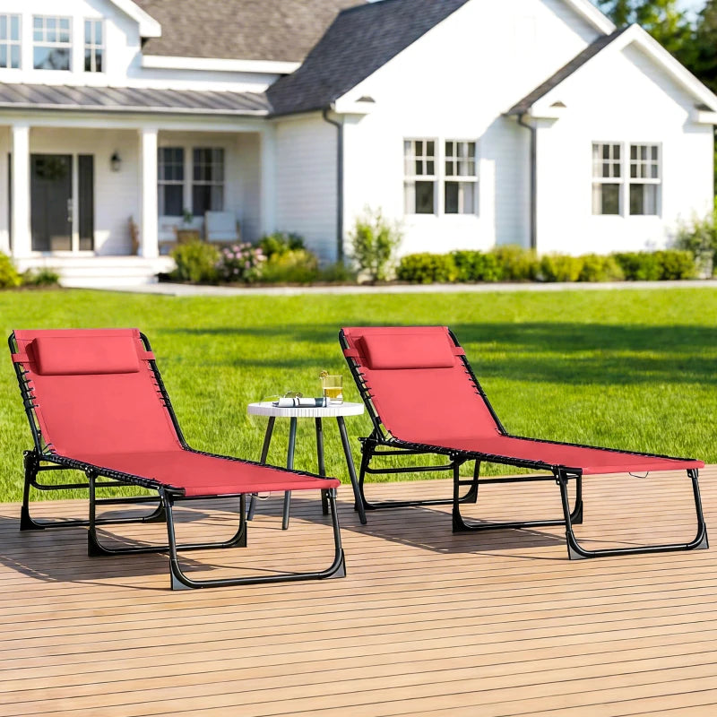 2 PCs Folding Lounge Chairs, Adjustable Chaise Lounge with Headrest, Reclining Lounger Cot for Camping, Hiking, Wine Red