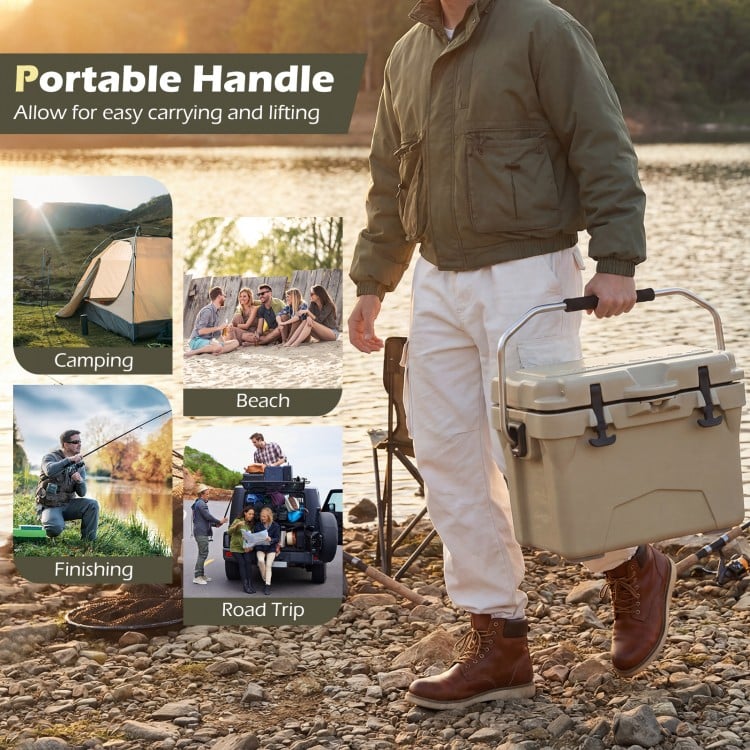 20 Quart Portable Hard Cooler with Built-in Ruler and Bottle-Khaki