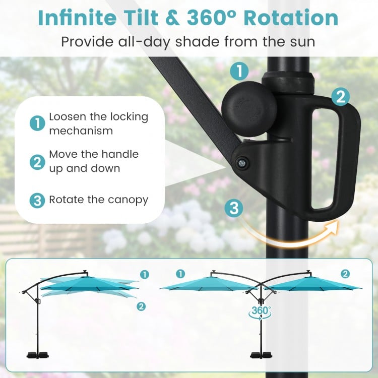 10 Feet Solar Offset Hanging Umbrella with Base and LED Lights-Turquoise