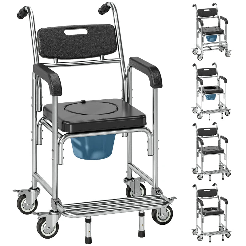 3-in-1 Shower Commode Wheelchair, Transport Beside Commode Chair with Padded Seat for the Elderly, Disabled