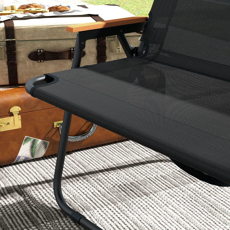 2-Seat Folding Patio Bench Camping Chair, Sports Chair with Armrest, Mesh Fabric Seat for Lawn, Black