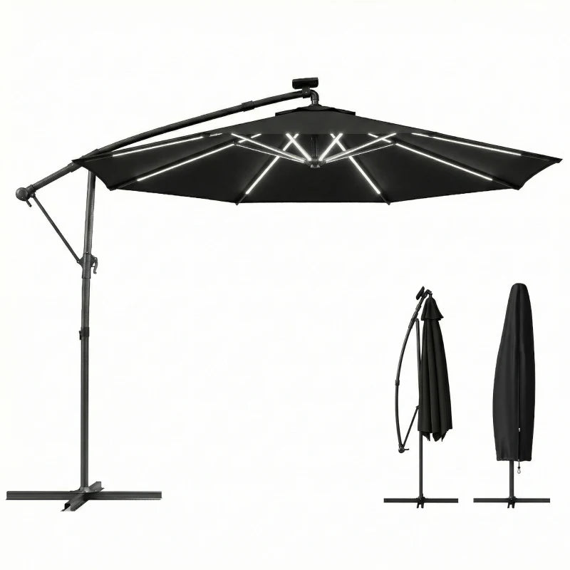 10 ft Offset Patio Umbrella with Solar Light, Garden Hanging Parasol with 360° Rotation, Tilt, Cover, Black