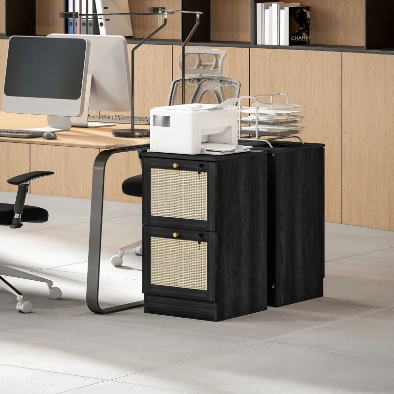 2 Drawer Filing Cabinet with Lock, Boho File Cabinet for A4 Letter Size Files with Decorative Rattan Accents, Black