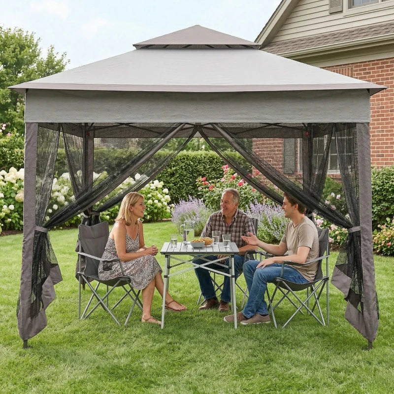 11' x 11' Pop Up Canopy 2-Tier Soft Top Shelter Event Tent w/ Netting Carry Bag for Patio Backyard Garden, Mixed Grey