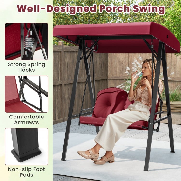 2-Person Outdoor Porch Swing with A-Shaped Metal Stand and Adjustable Canopy-Wine