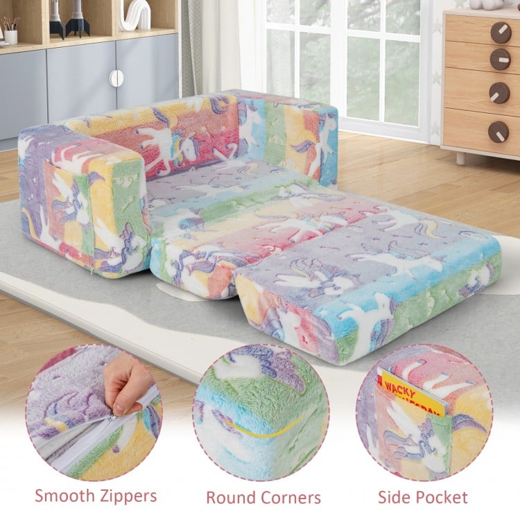 2-in-1 Flip Out Kids Sofa Chair with Detachable Flannel Fabric Cover and Glowing Patterns-Color