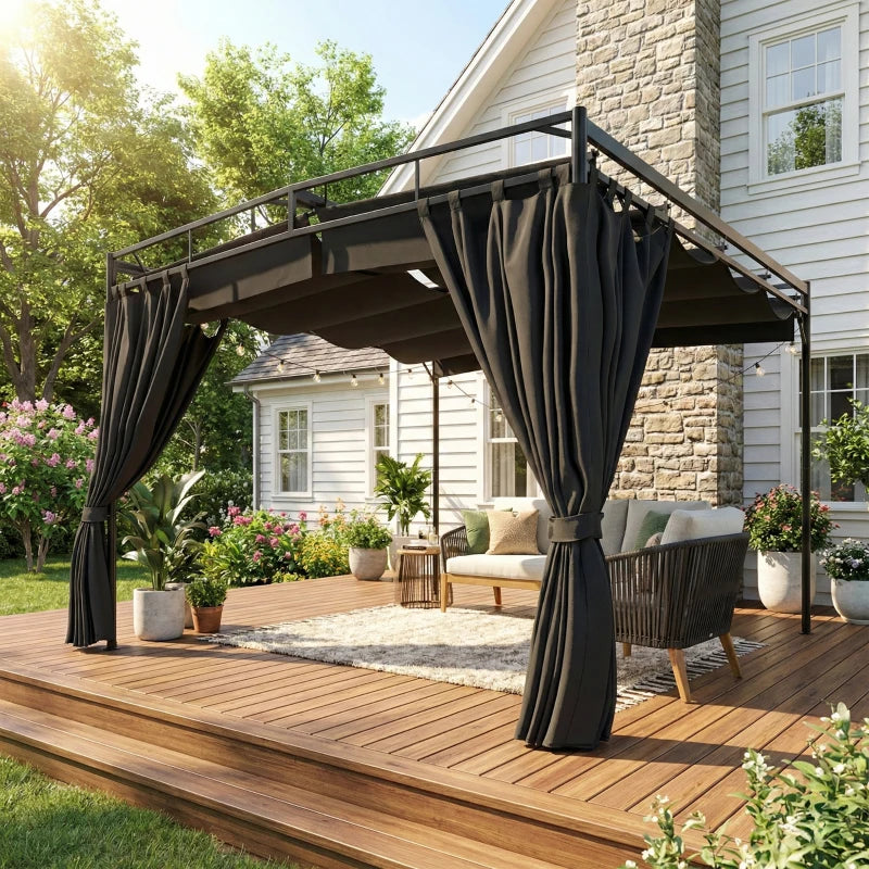 10' x 10' Retractable Pergola Canopy, Outdoor Pergola with Curtains, Metal Garden Gazebo Sun Shade Shelter for Patio