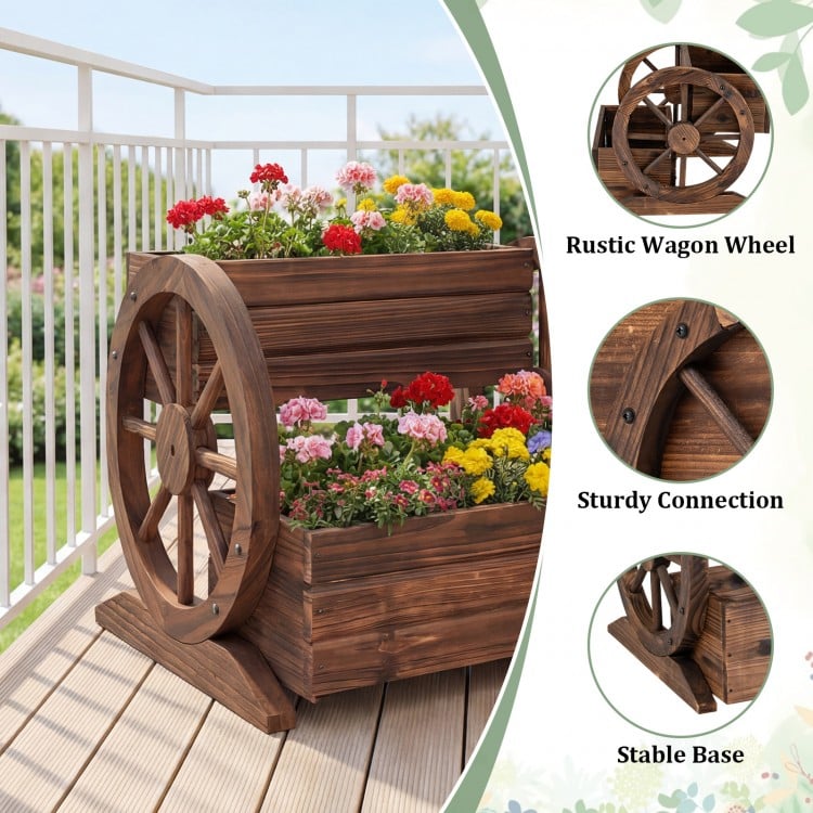 2-Tier Raised Garden Bed Rustic Wood Wagon Shape with Drainage Holes and Wheels-Coffee
