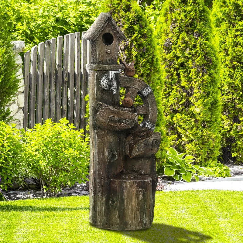2-in-1 Outdoor Water Fountain with Birdhouse, Outdoor Waterfall, 13.6" L x 11.6" W x 36.2" H Mixed Colour