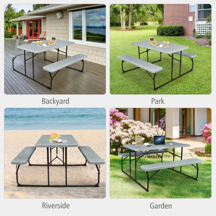 Indoor and Outdoor Folding Picnic Table Bench Set with Wood-like Texture-Gray