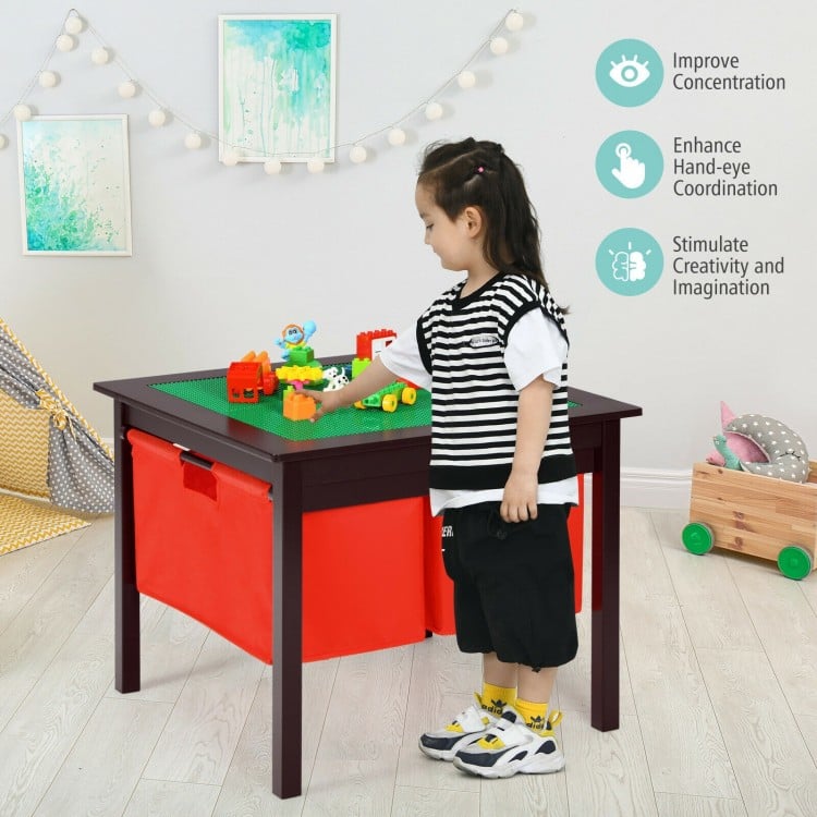 2-in-1 Kids Double-sided Activity Building Block Table with Drawers-Brown