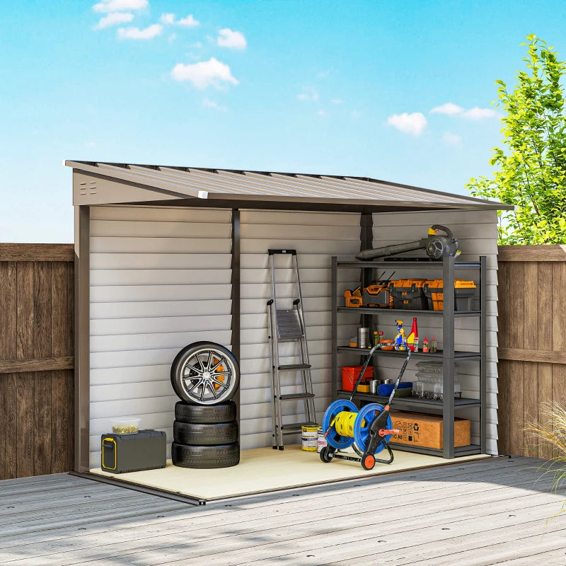 4.6' x 9' Steel Outdoor Storage Shed, Lean to Shed, Metal Tool House with Foundation Kit, Lockable Doors, Gloves and 2 Air Vents for Backyard, Patio, Lawn, Brown