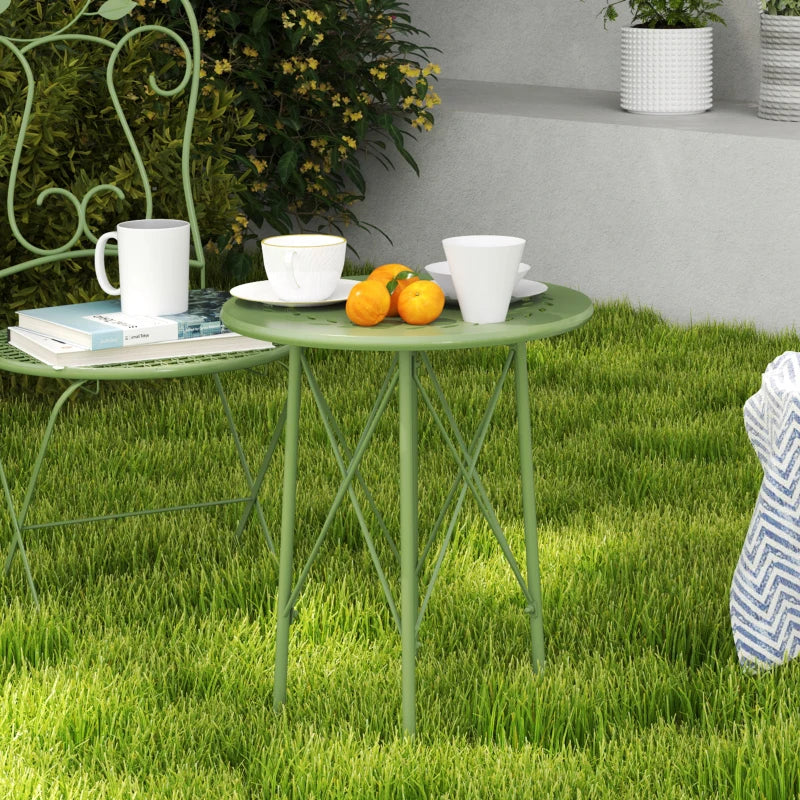 15.7" Round Garden Table with Floral Cut-Out, Steel Balcony Side Bistro Coffee Table with Adjustable Feet, Green