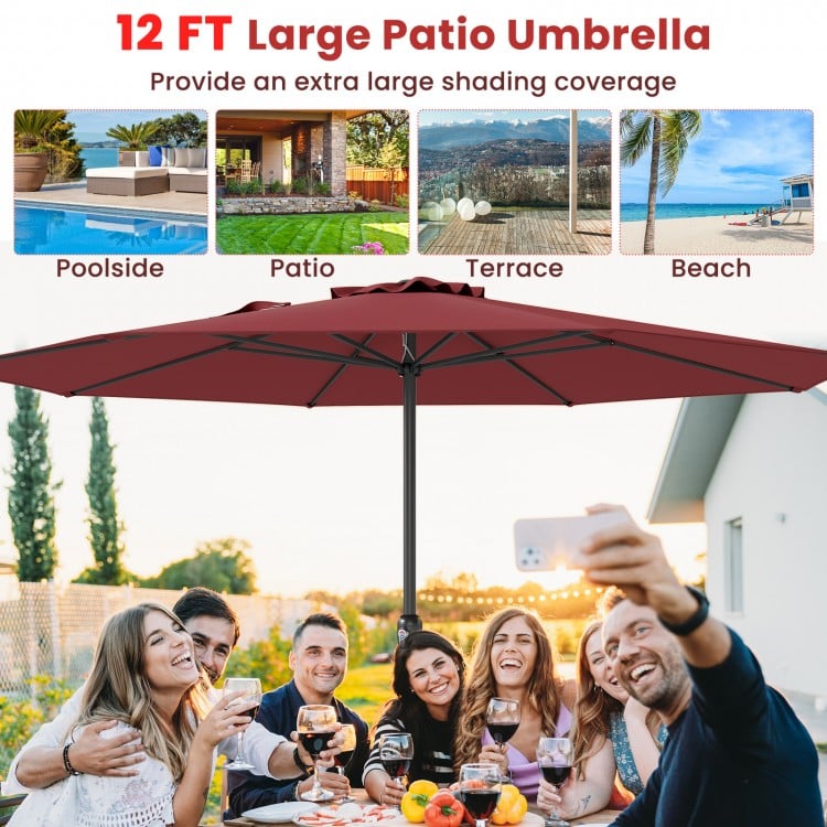 12 Feet Patio Umbrella with Crank Handle and 8 Sturdy Ribs-Red