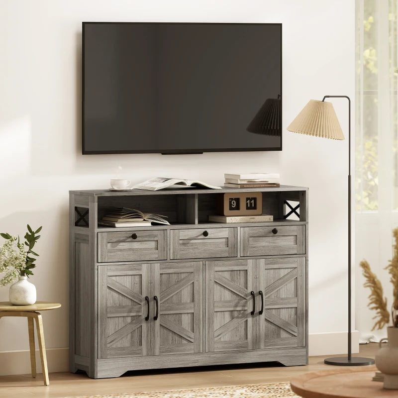 Sideboard, Buffet Cabinet with 4 Barn Doors and 3 Drawers, Coffee Bar Cabinet with Adjustable Shelves, Grey