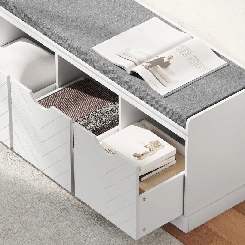 Shoe Storage Bench, Linen-Look Entryway Bench with 3 Removable Drawers and Padded Seat Cushion for Hallway, White