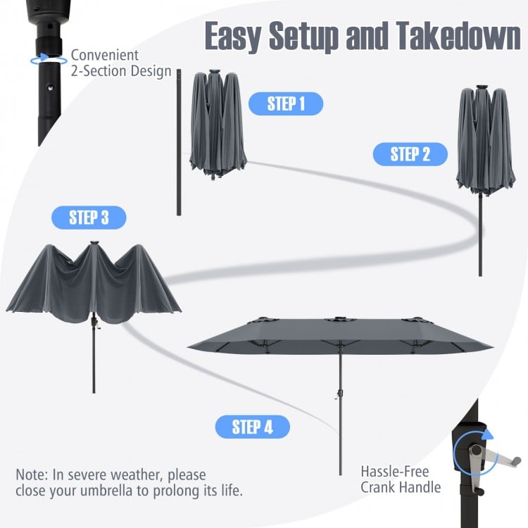 15.5 FT Extra-Large Patio Umbrella with LED Solar Lights and Crank Handle-Gray