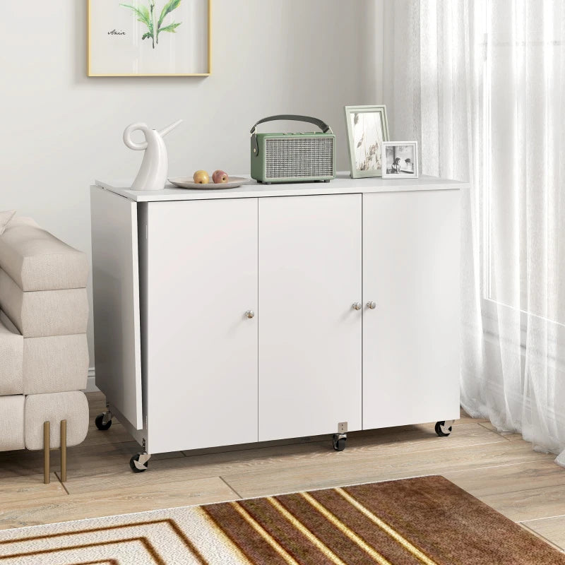 Sewing Machine Table with Drop Leaf, Folding Craft Table with 2 Doors and Adjustable Shelf for Small Spaces, White