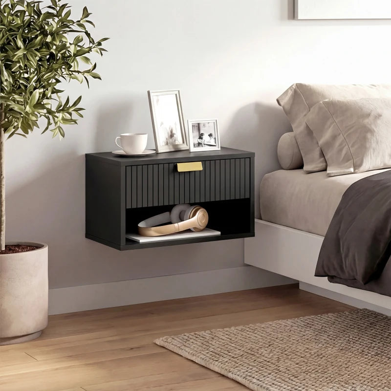 Set of 2 Wall Mounted Bedside Tables, Floating Nightstands with Fluted Drawer and Open Shelf for Bedroom, Black