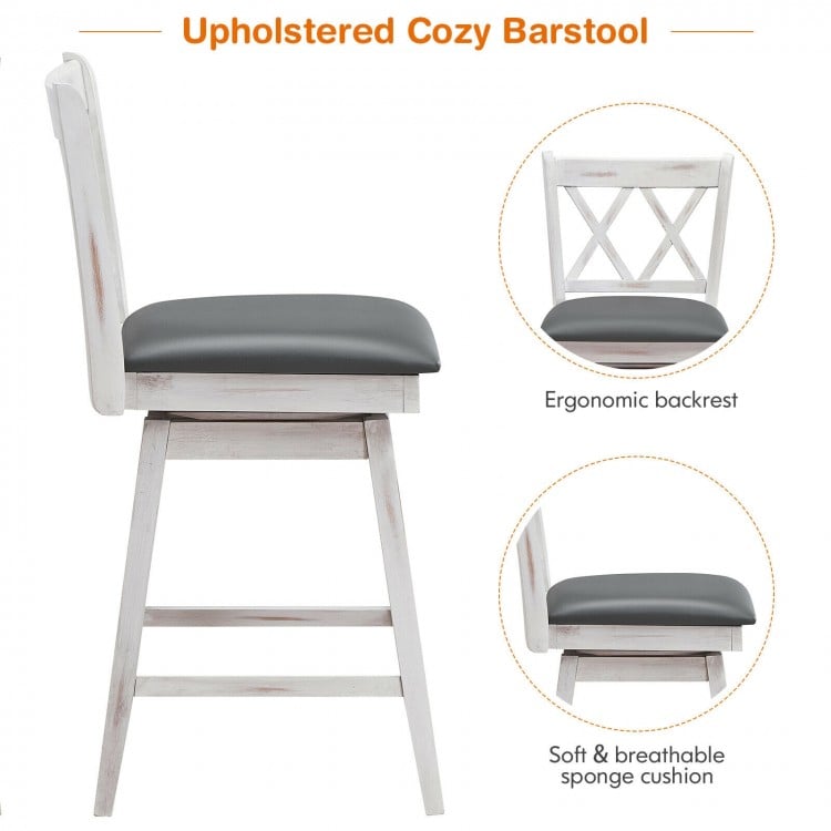 2 Pieces 24 Inch Swivel Counter Height Barstool Set with Rubber Wood Legs-White