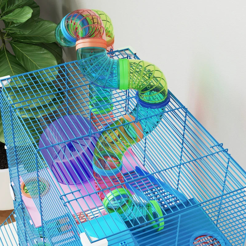 5 Tiers Hamster Cage Portable with Exercise Wheels Play Tube Water Bottle Dishes House Ladder for Gerbils, Dark Blue