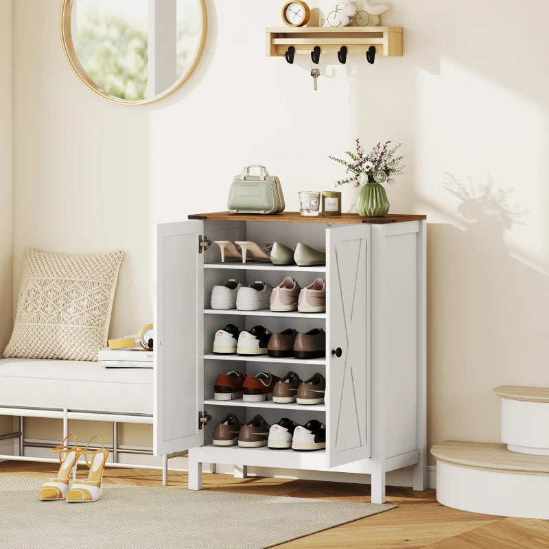 Shoe Cabinet with Barn Doors, Farmhouse Shoe Storage Cabinet with Adjustable Shelves, Holds up to 15 Pairs, White