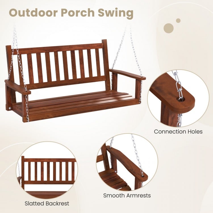 2-Person Wooden Outdoor Porch Swing with 500 lbs Weight Capacity-Brown