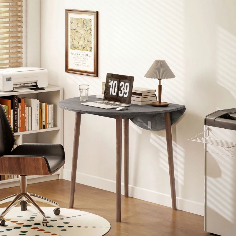 35" Folding Dining Table, Collapsible Drop Leaf Table with Round Tabletop, Wood Legs, Distressed Light Grey