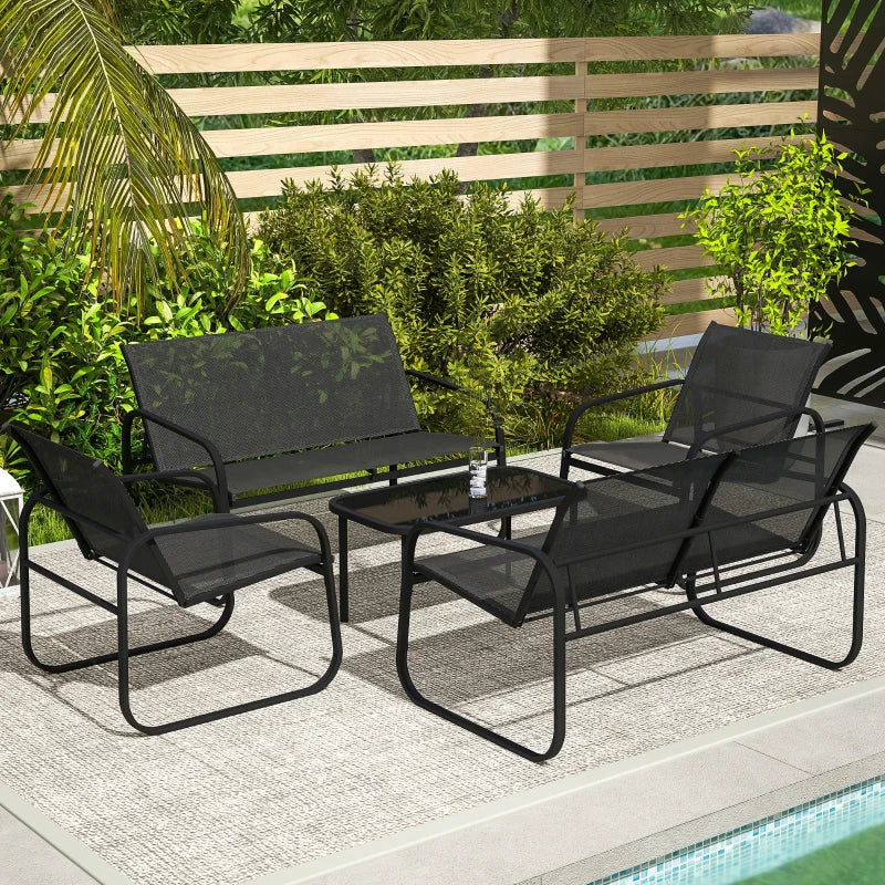 4 Piece Patio Furniture Set, Outdoor Conversation Set with 2 Loveseats, 2 Armchairs, Glass-Top Table, Black