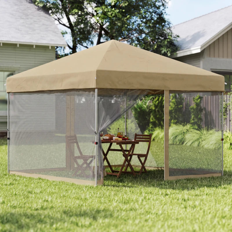 10' x 10' Pop-Up Party Tent UPF50+ Outdoor Canopy Tent with Mesh Sidewalls, 3-Level Adjustable Height, Roller Bag, Khaki