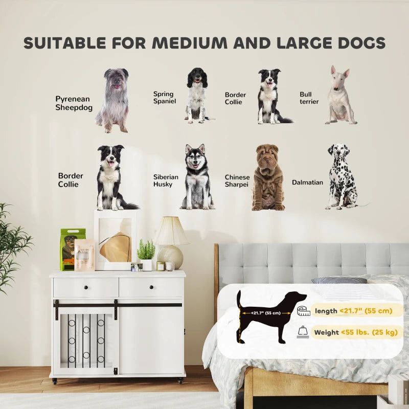 39" Dog Crate Furniture, Dog Kennel Indoor with 2 Drawers, Wheels, Sliding Door, Dog Cage for Medium Large Dogs, Oak
